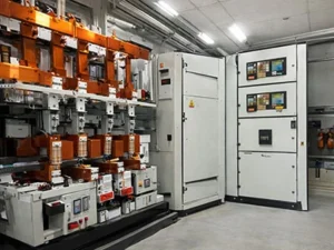 A modern electrical room featuring a complete set of high and low-voltage equipment, including carefully arranged busbars, circuit breakers, and control panels, ensuring optimal functionality for industrial applications.