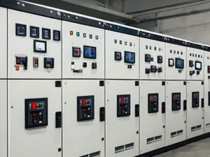 A sleek installation of switchgear and switchboards, designed for efficient control and protection of electrical circuits in various commercial and industrial settings, featuring high-quality digital displays and circuit breakers.
