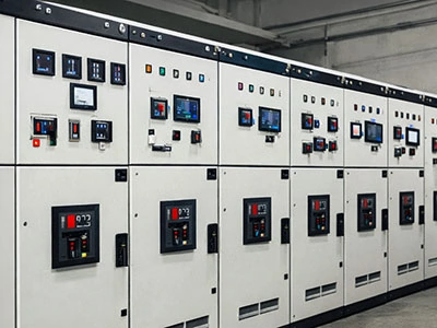 A sleek installation of switchgear and switchboards, designed for efficient control and protection of electrical circuits in various commercial and industrial settings, featuring high-quality digital displays and circuit breakers.