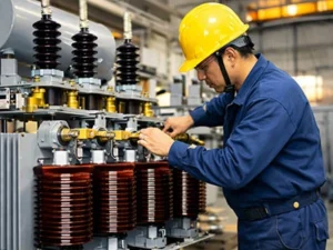 A high-precision manufacturing process for transformers, showcasing intricate details such as coils and bushings, with skilled technicians ensuring every component meets rigorous quality standards.
