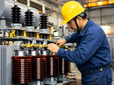 A high-precision manufacturing process for transformers, showcasing intricate details such as coils and bushings, with skilled technicians ensuring every component meets rigorous quality standards.